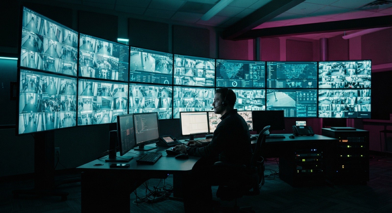 Operator monitoring a wall of live campus CCTV feeds and analytics dashboards in a darkened control room