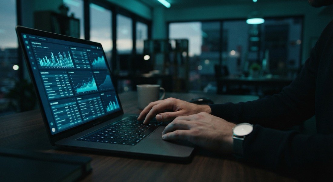 Administrator working on a laptop showing a cyan analytics and billing dashboard in a campus office