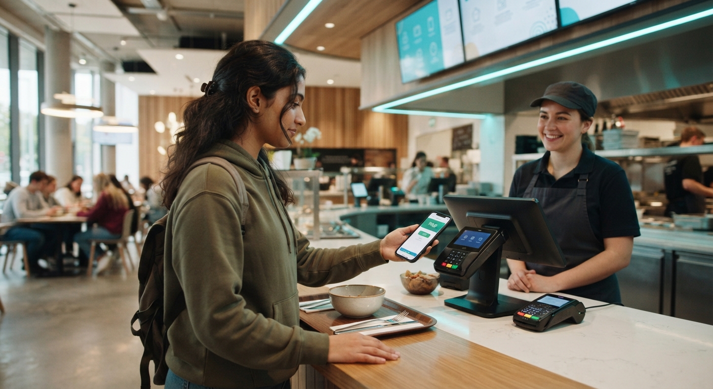 Student tapping a smartphone to pay at a modern campus canteen POS counter